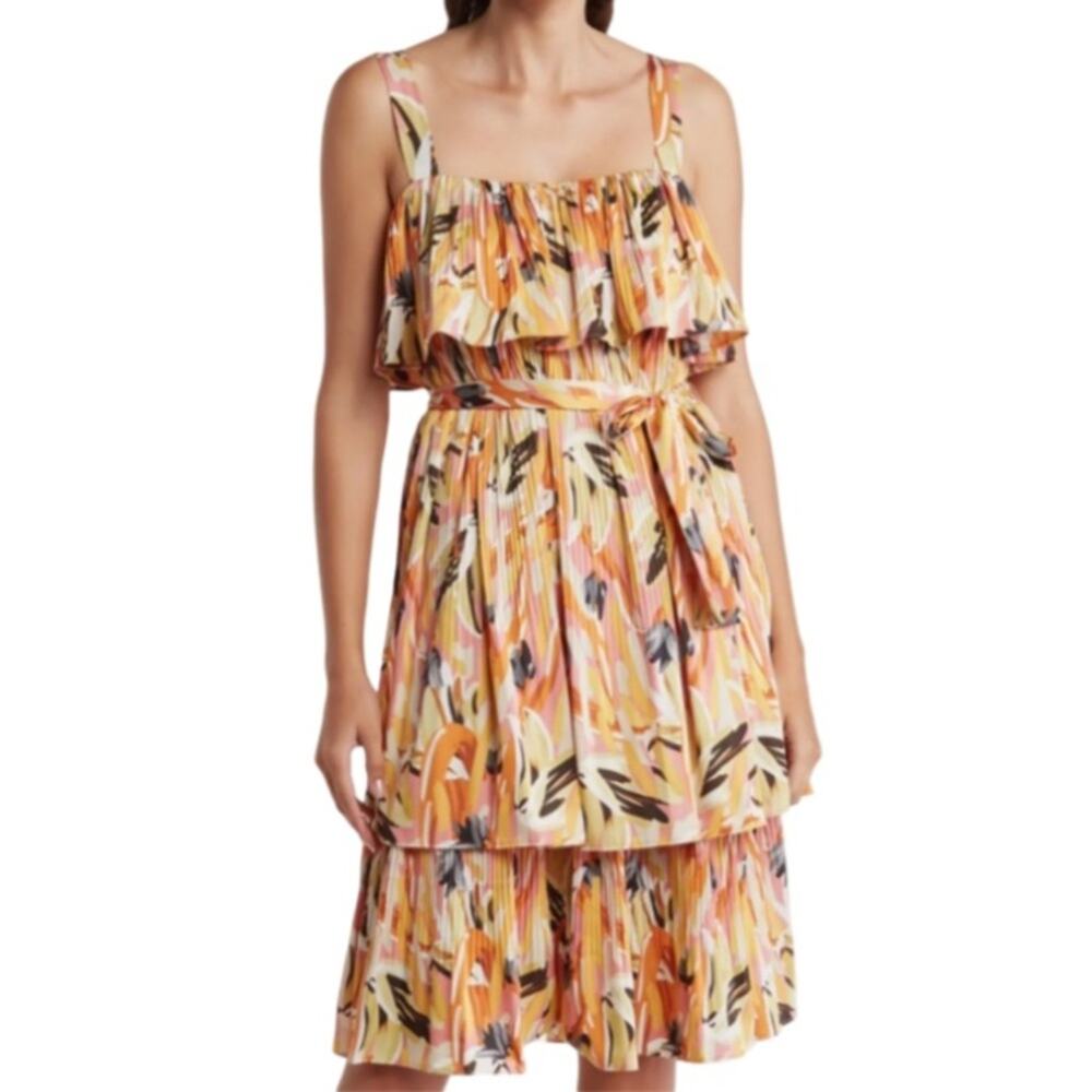 Nordstrom Mila Mae Floral Tiered Pleated Midi Dress - Brown Mauve  Size M